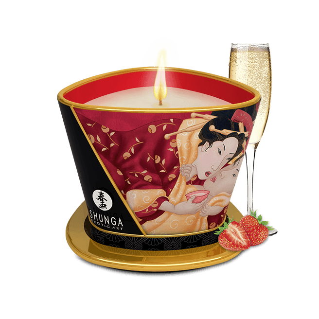 Bougie de massage lueur et caresses - Romance Vin pétillant à la fraise