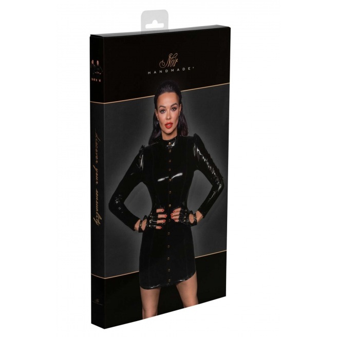 F246 Robe courte en PVC fermée sur le devant par des fermoirs dorés F246 Robe courte en PVC fermée sur le devant par des fermoirs dorés