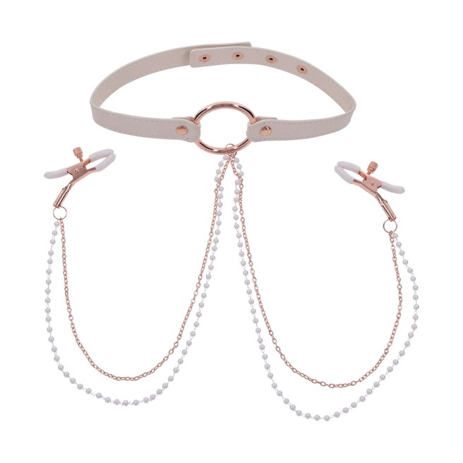 Sportsheets - S&M Peaches ‘n CreaMe Collar with Nipple Clamps Cream