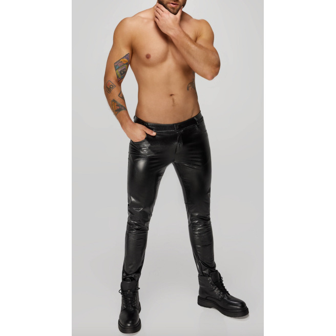 H067 Pantalon long en wetlook serpent avec poches arrière