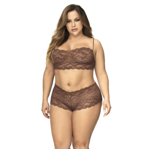 Ensemble 2 pièces en dentelle grande taille, top à bretelles et shorty couleur cacao