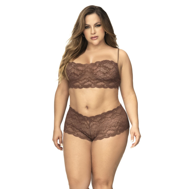 Ensemble 2 pièces en dentelle grande taille, top à bretelles et shorty couleur cacao