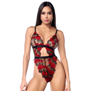 Teddy taille haute en résille noire brodée de roses avec ceinture