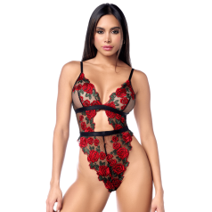 Teddy taille haute en résille noire brodée de roses avec ceinture