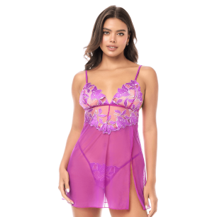 Babydoll sexy en résille brodée florale et string