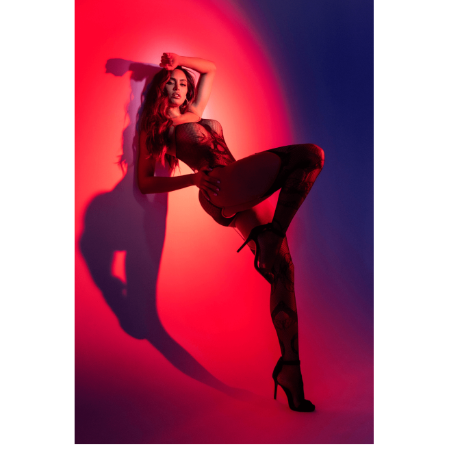 Body en résille noire à motif serpent, avec bas intégrés - Mapalé