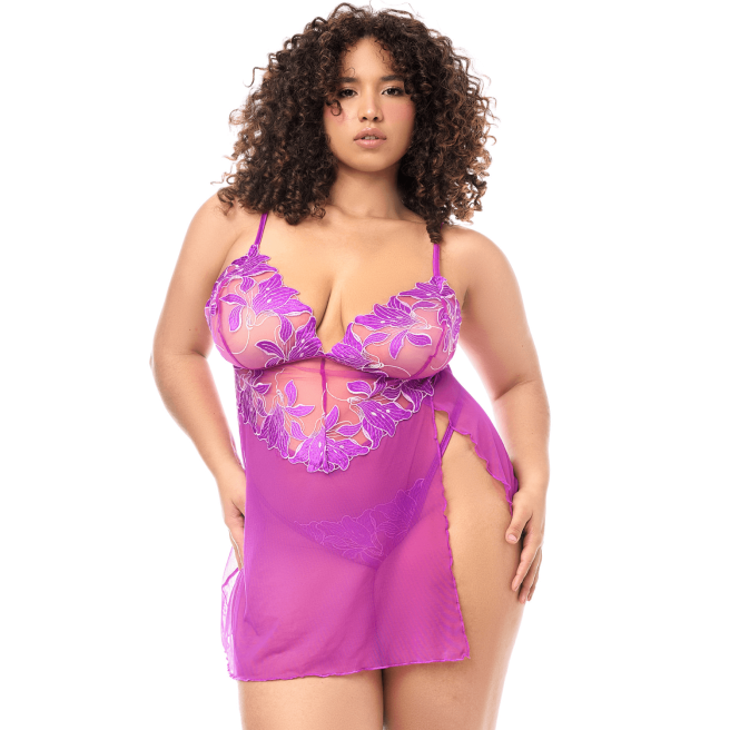Babydoll grande taille en résille brodée florale et string