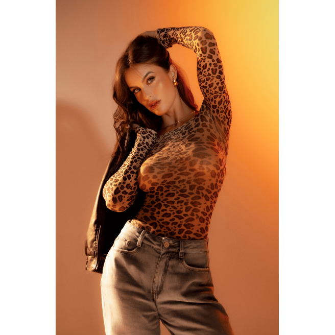 Body string en résille à manches longues imprimé léopard - Mapalé