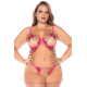 Nuisette grande taille en résille et dentelle florale rose et string assorti