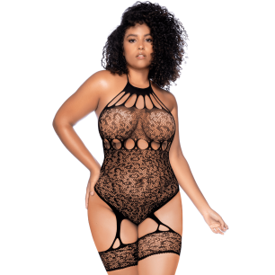 Body grande taille en résille léopard noir à tour de cou et jarretières intégrées - Mapalé