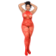 Bodystocking grande taille en résille rouge à motif coeur, orné de strass, ouvert à l'entrejambe - Mapalé