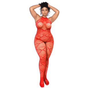 Bodystocking grande taille en résille rouge à motif coeur, orné de strass, ouvert à l'entrejambe - Mapalé