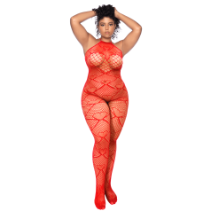 Bodystocking grande taille en résille rouge à motif coeur, orné de strass, ouvert à l'entrejambe - Mapalé