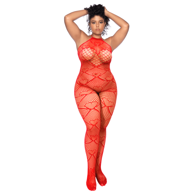 Bodystocking grande taille en résille rouge à motif coeur, orné de strass, ouvert à l'entrejambe - Mapalé