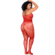 Bodystocking grande taille en résille rouge à motif coeur, orné de strass, ouvert à l'entrejambe - Mapalé