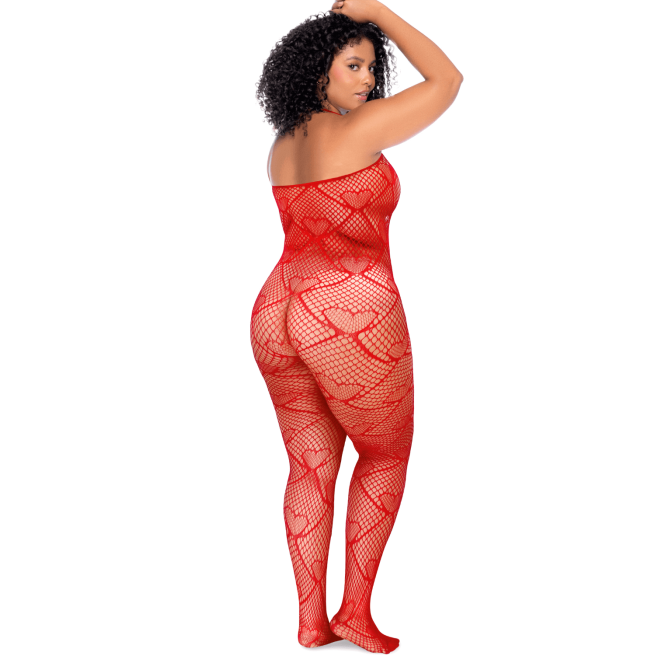 Bodystocking grande taille en résille rouge à motif coeur, orné de strass, ouvert à l'entrejambe - Mapalé