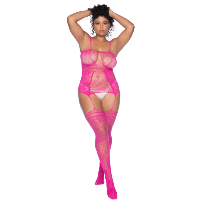 Combinaison grande taille en résille rose