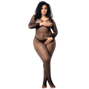 Combinaison grande taille manches longues en résille noire