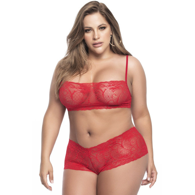 Ensemble lingerie, grande taille,  rouge top bustier et shorty dentelle