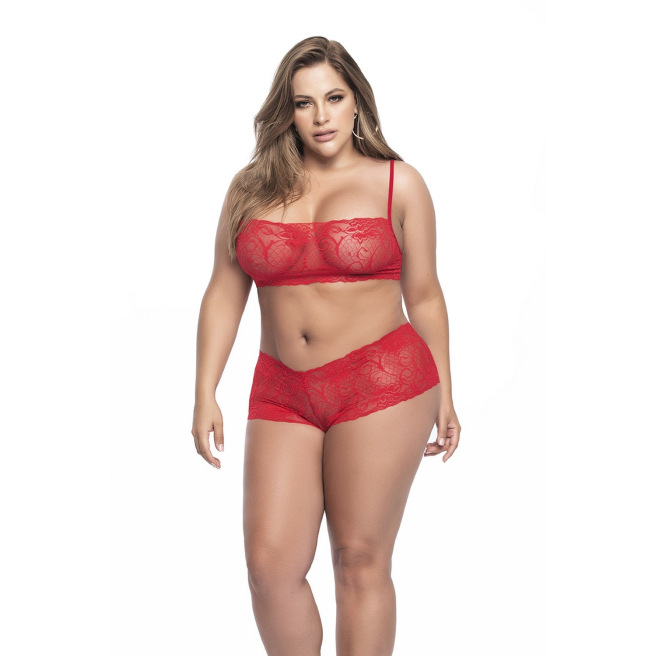 Ensemble lingerie, grande taille,  rouge top bustier et shorty dentelle