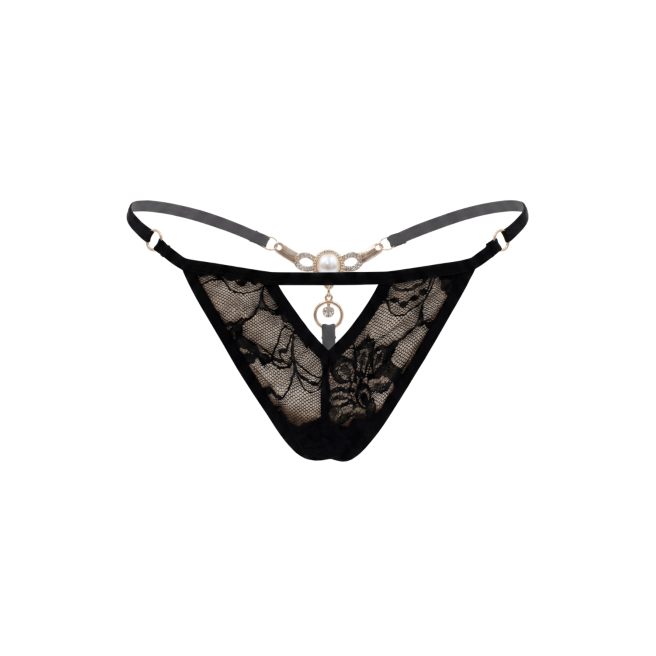String noir avec bijou perle strass dorés