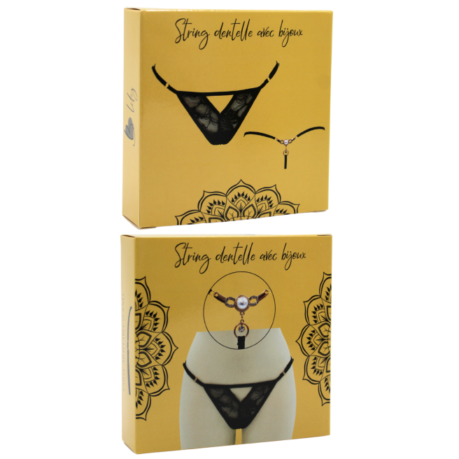 String noir avec bijou perle strass dorés