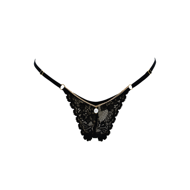 String noir en dentelle avec bijou et chaîne dorée