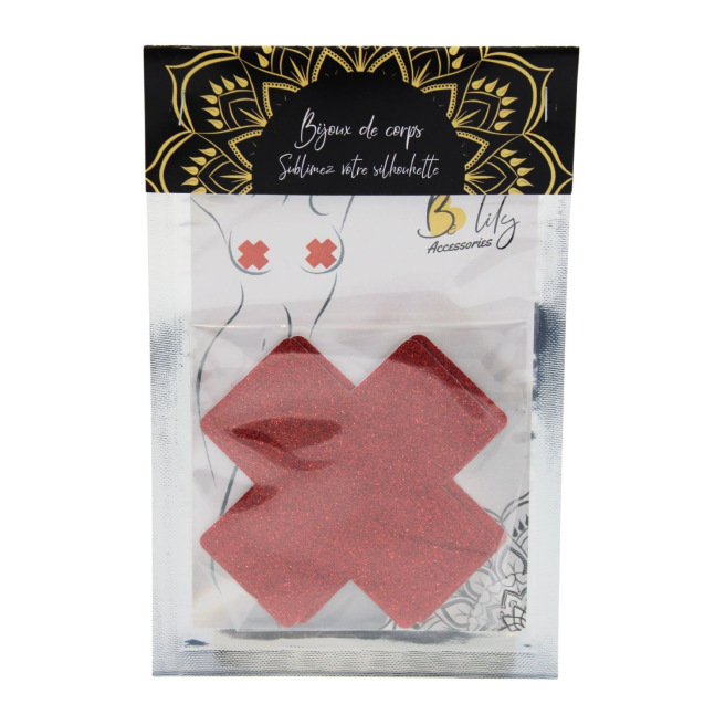 Paire de cache tétons adhésifs croix pailletée rouge