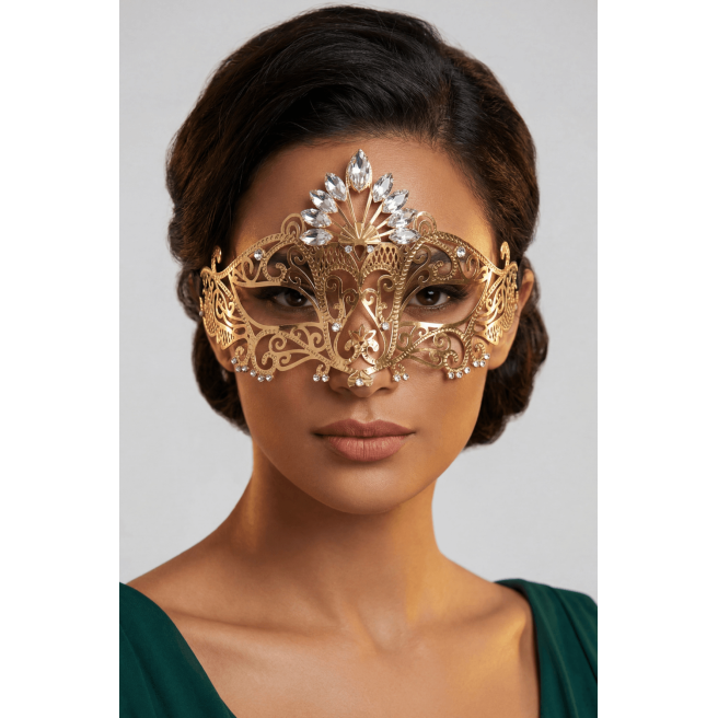 Masque vénitien Gemma rigide doré avec strass