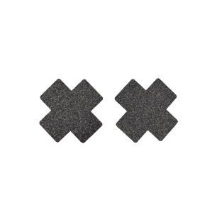 Paire de cache tétons adhésifs croix pailletée noir