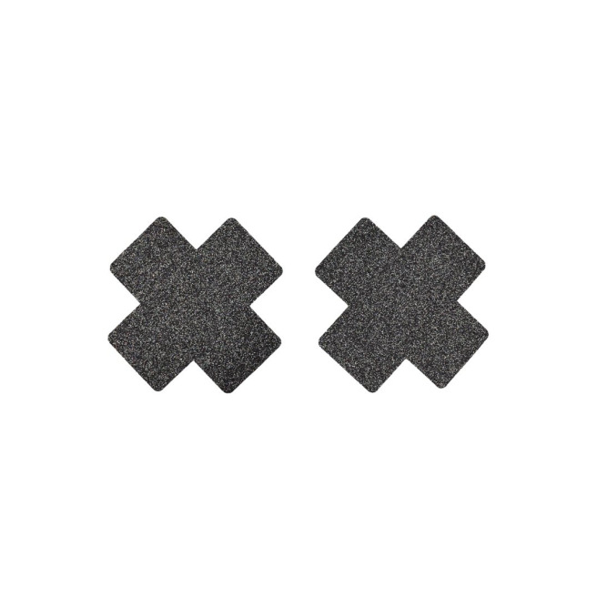 Paire de cache tétons adhésifs croix pailletée noir
