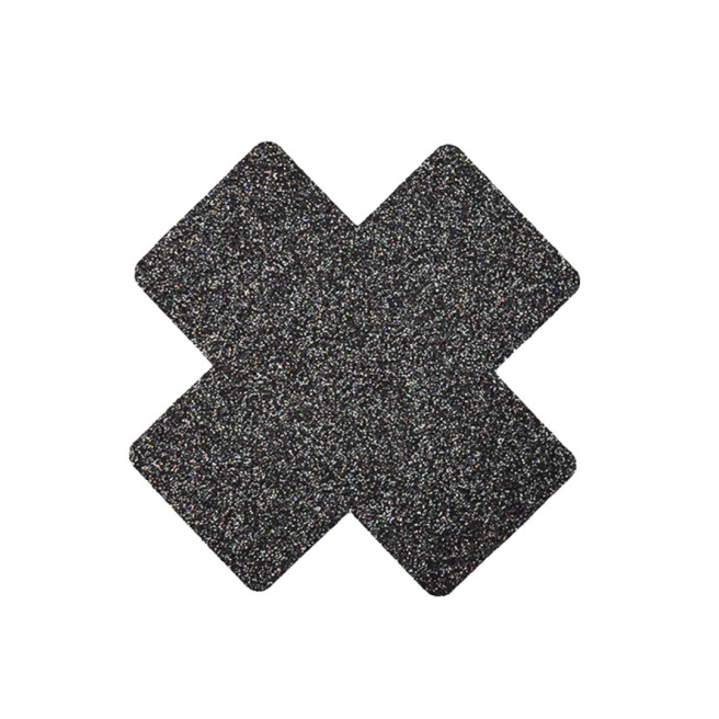 Paire de cache tétons adhésifs croix pailletée noir