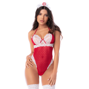 Body infirmière noir en maille et dentelle avec accessoire tête