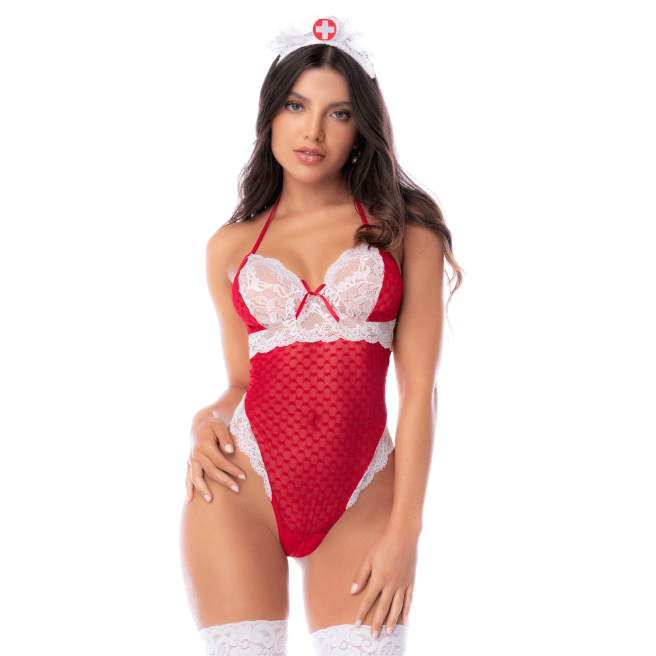 Body infirmière noir en maille et dentelle avec accessoire tête